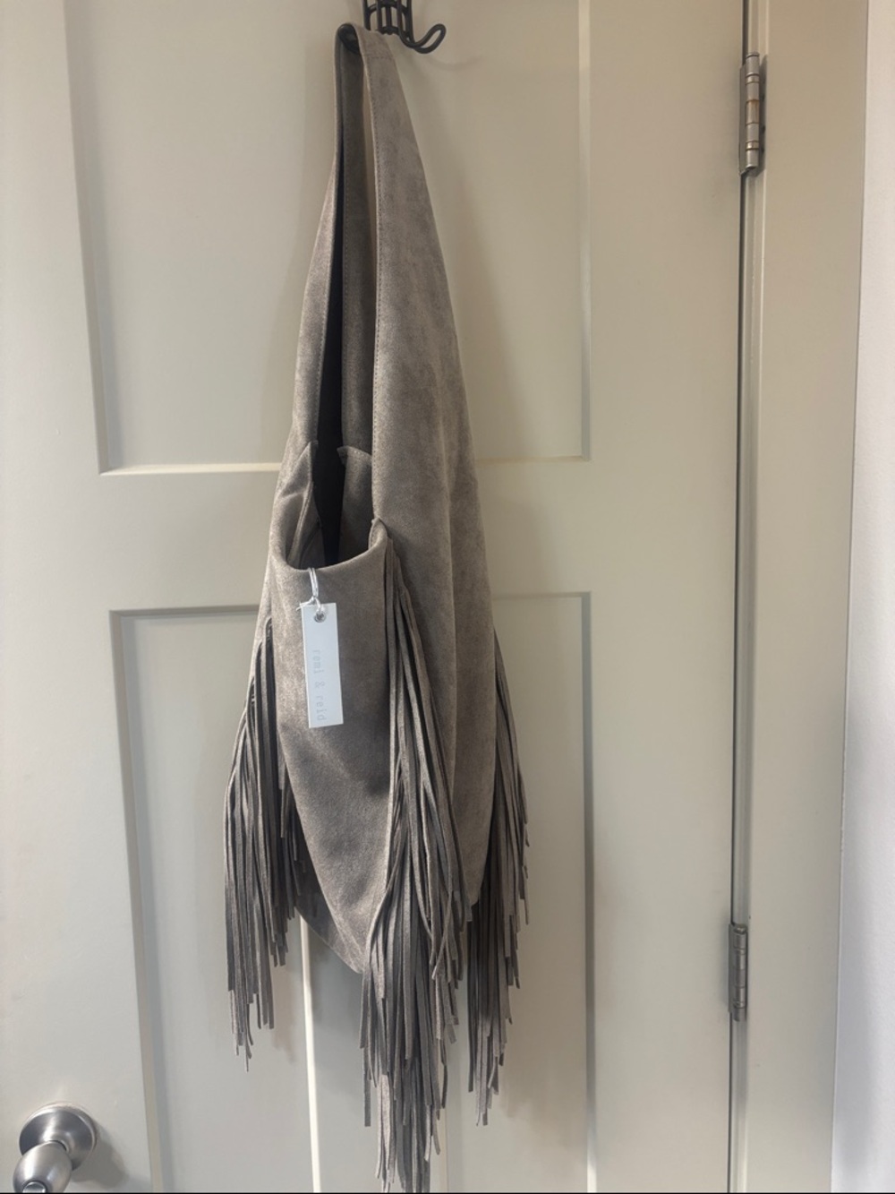 Fringed Suede Hobo Bag in Light Gray